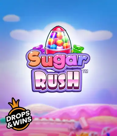 Изображение игрового автомата Sugar Rush от Pragmatic Play, показывающее разноцветный мир конфет и сладостей. На изображении видны символы в виде конфет и желейных мишек, окруженные яркой атмосферой. В центре расположен название слота Sugar Rush, подчеркивающий сахарную тематику игры.